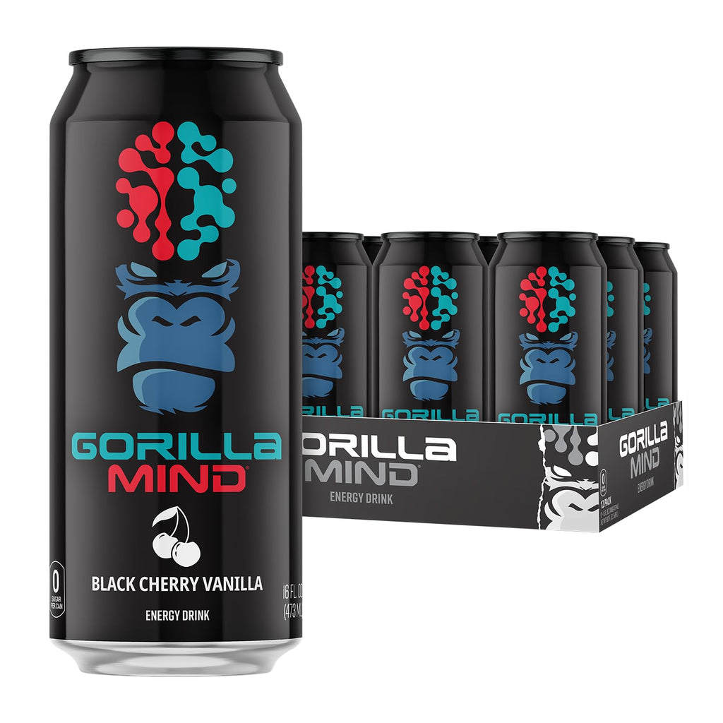 Gorilla Mind Energy Drink | Unmatched Energy · Amplified Focus | N-Acetyl-L-Tyrosine, Alpha-GPC, 200mg Caffeine, Uridine, Saffron | 0 Sugar Or Artificial Colors | 16oz, 12-Pack (Black Cherry Vanilla)