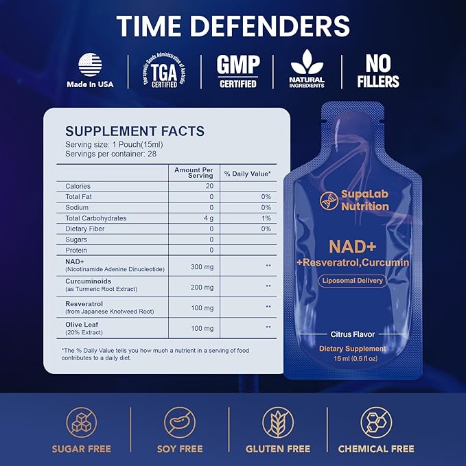 Liposomal NAD+ Supplement with Resveratrol, Anti-Aging, Energy Boost, NAD Liquid for Men & Women
