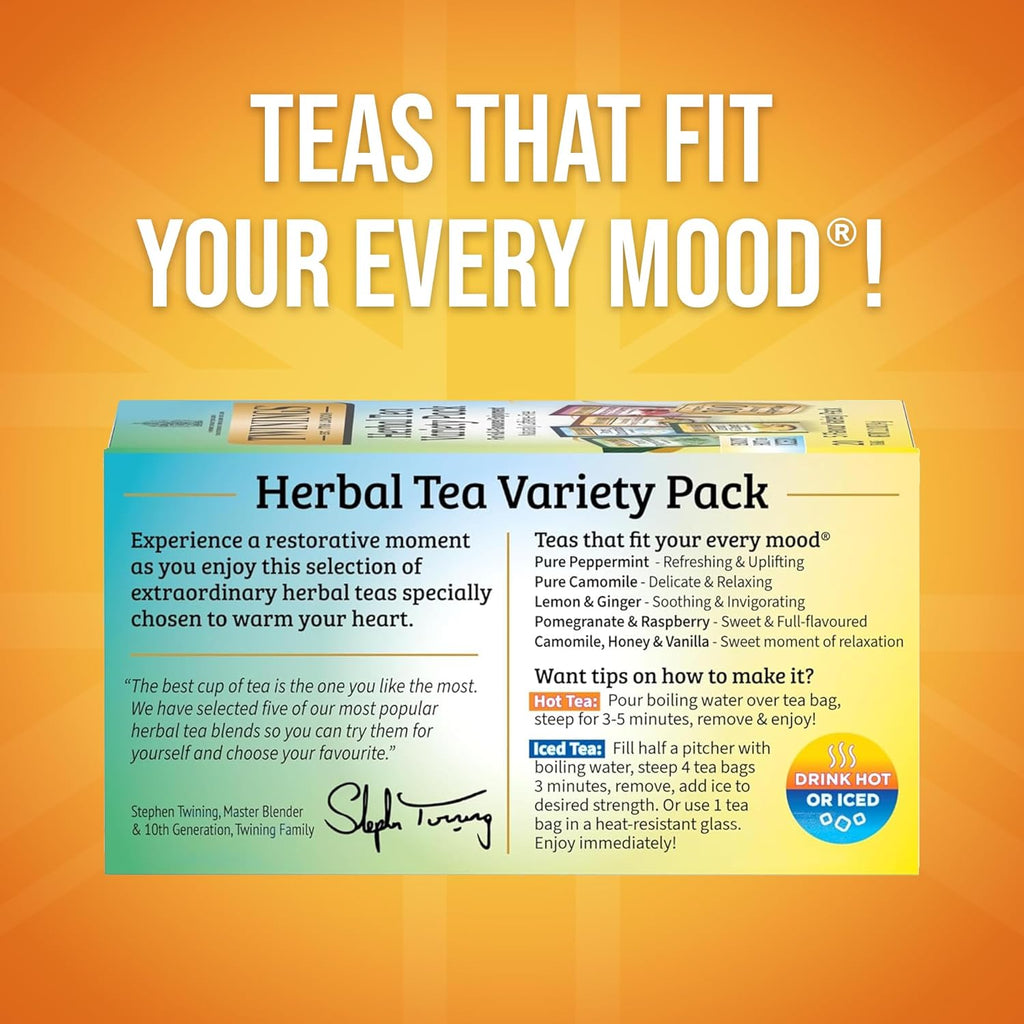 Twinings Herbal Tea Variety Pack, 20 Count (Pack of 2), Formerly Assorted Herbal, Includes 5 Flavours, Naturally Caffeine-Free, Enjoy Hot or Iced, 20 Teabags