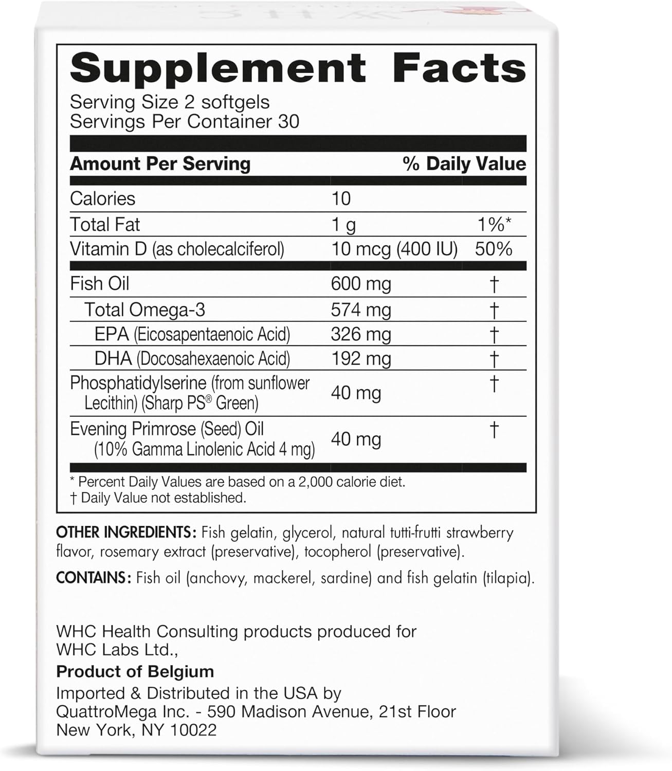 WHC, QuattrO3 & PS, Fish Oil Complex for Children, Omega-3 Triglycerides, Vitamin D3, GLA, Phosphatidylserine, Soy Free, Tutti-Frutti Strawberry Flavor, 60 Softgels