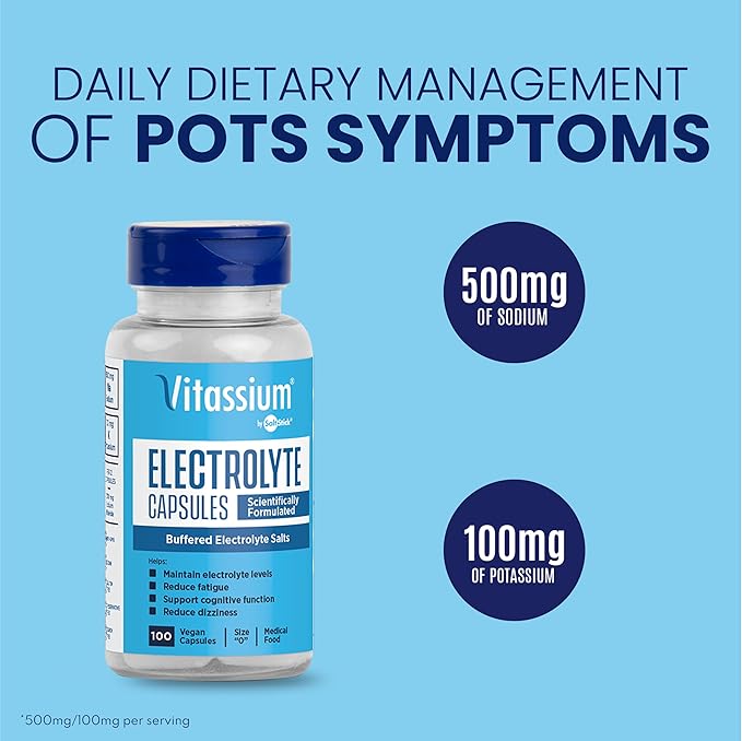 Vitassium Electrolyte Capsules, Electrolytes for The Management of POTS and High Sodium Diets (500mg Sodium - 100mg Potassium), Unflavored, 100 Salt Pills (Size 0)