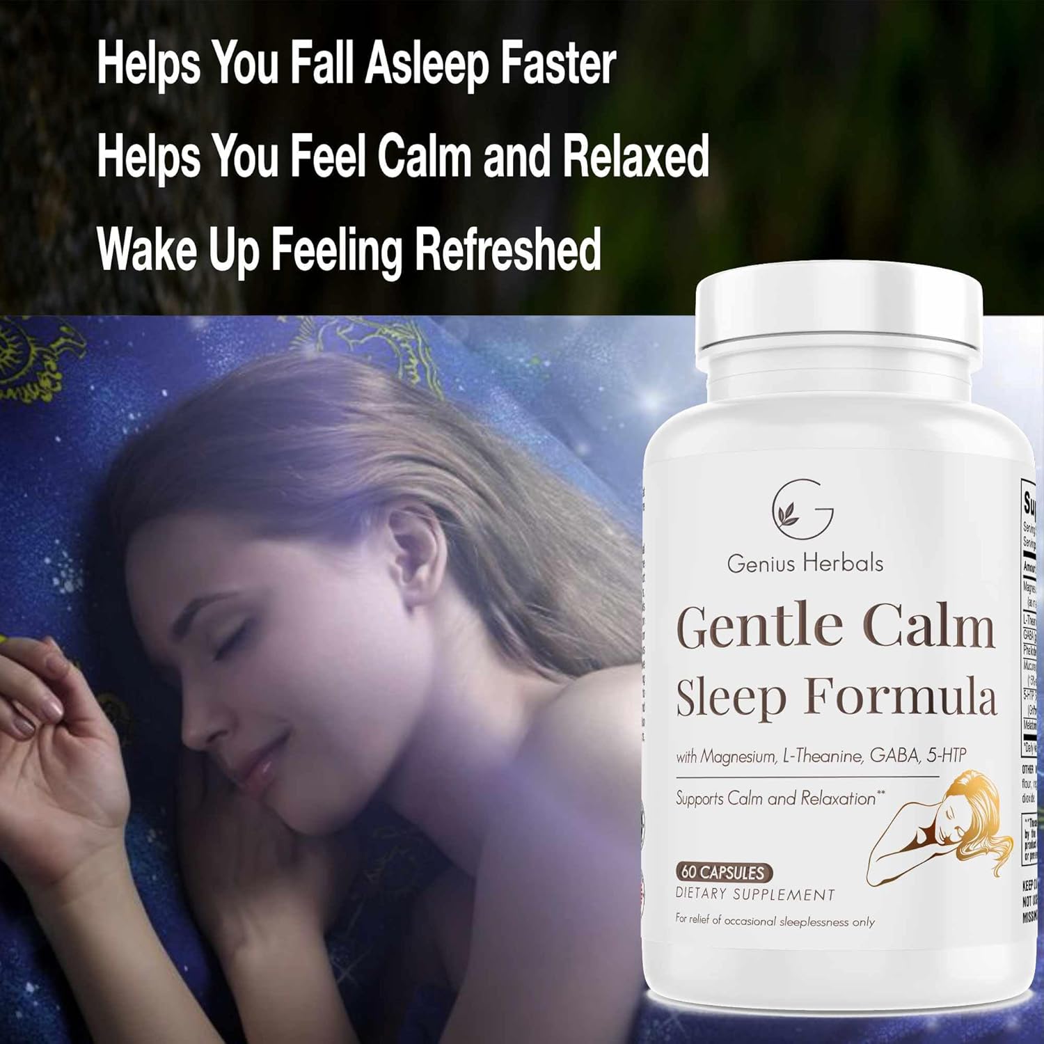 Gentle Calm Sleep Formula with Magnesium, L-Theanine, Melatonin, GABA, 5-Htp | Sleep Aid | Non-GMO - 60 Capsules