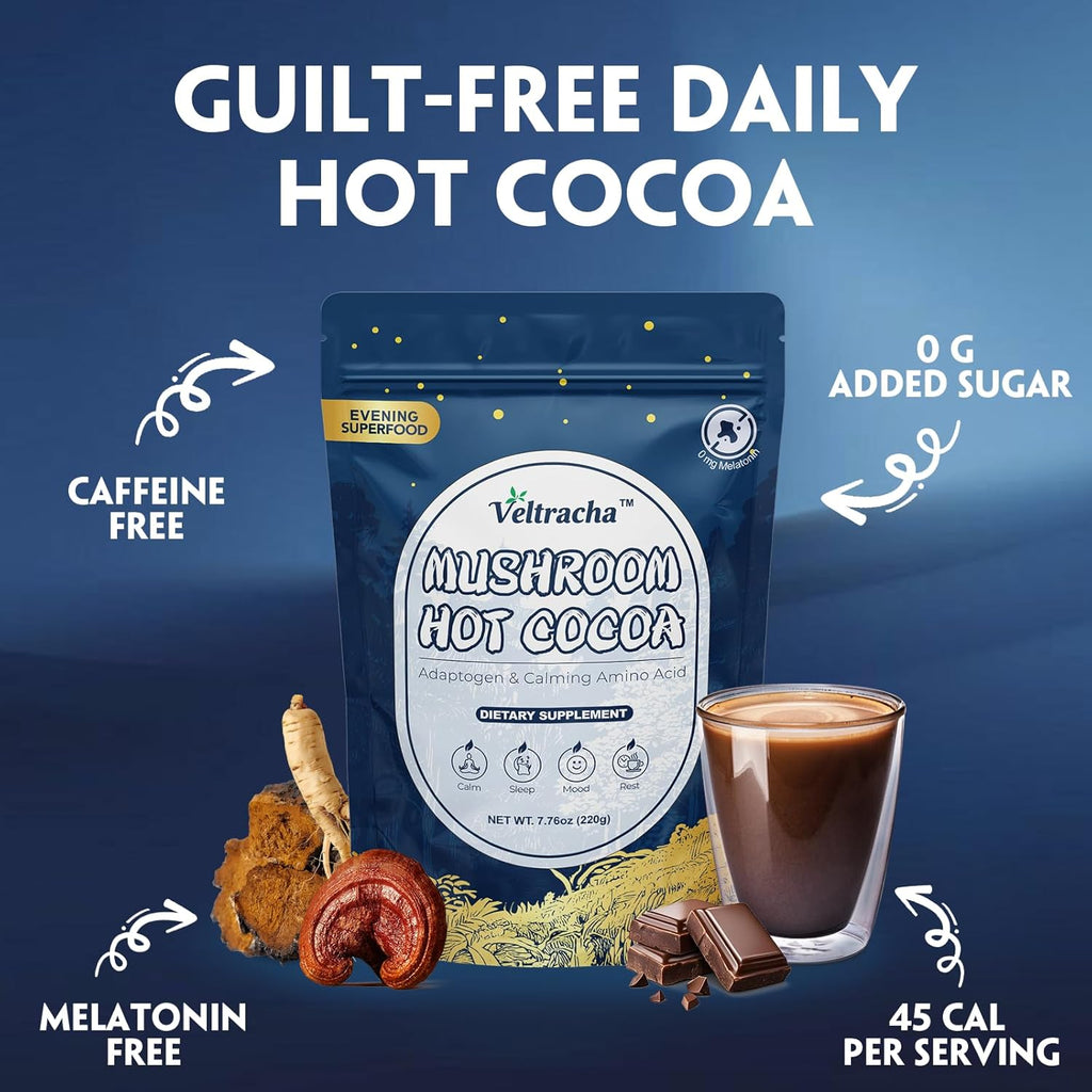 Veltracha Magnesium Hot Cocoa, Mushroom Hot Chocolate Powder with Reishi, GABA & L-Theanine, Natural Sleep Aid Drink Mix for Melatonin-Free, 20 Servings