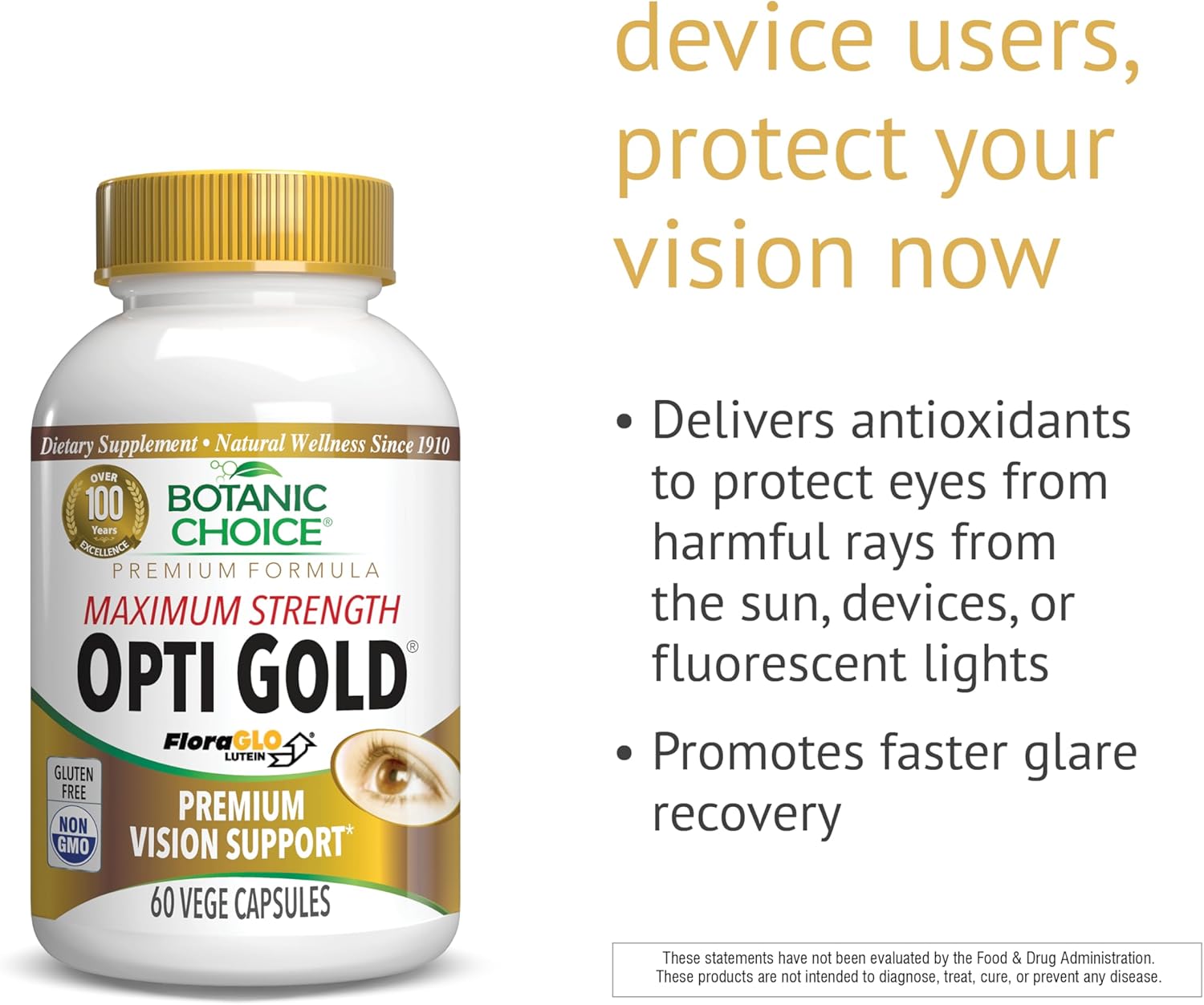 Botanic Choice Maximum Strength Opti Gold Vision Eye Health Support Supplement for Overall Eyesight Health for Men & Women - Taurine, Vitamin A, Lutein, Bilberry, Alpha Lipoic Acid (60 Capsules)
