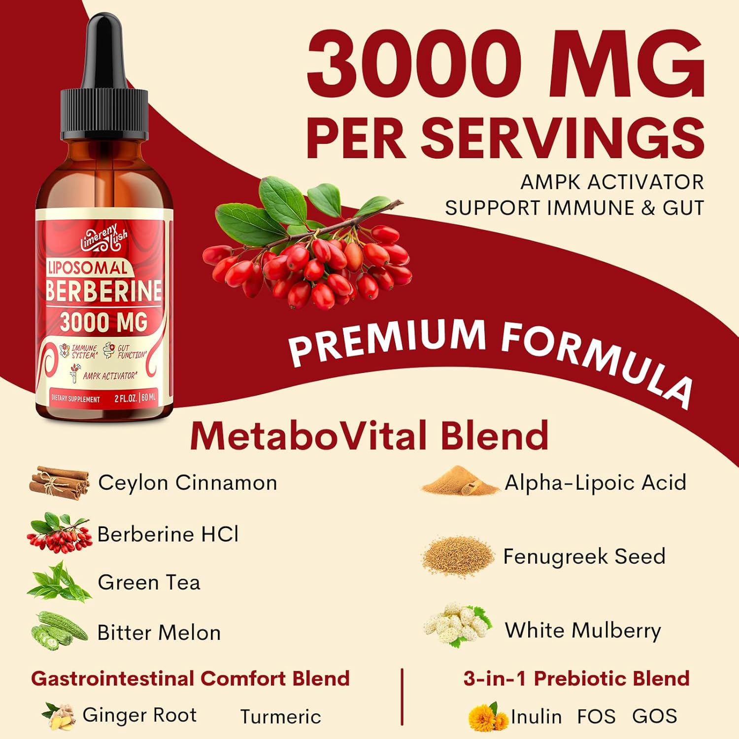 Liposomal Berberine Supplement - 3000mg Berberine Complex Activating AMPK, Berberine HCL Liquid Drops with Ceylon Cinnamon, Green Tea, Bitter Melon, Turmeric and Prebiotic Blend-for Women & Men