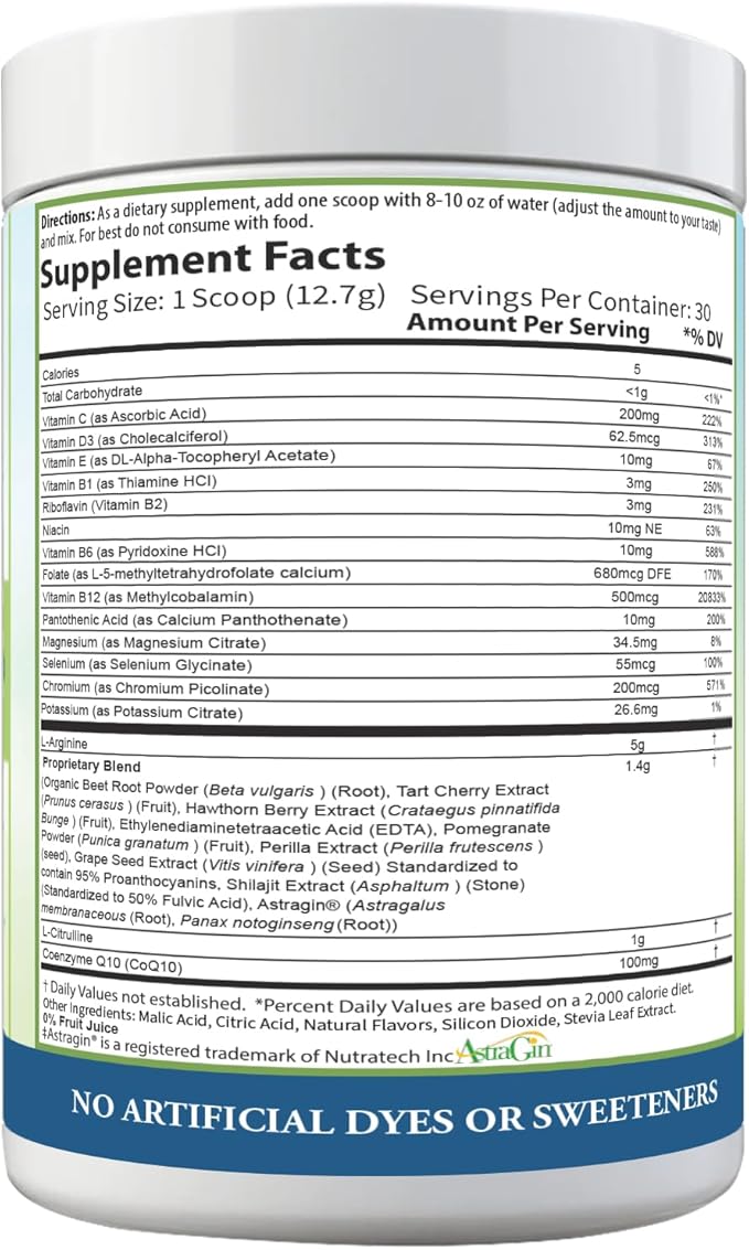 PURE Cardio+ Drink Mix, Grape, L-Arginine 5000mg, L-Citrulline 1000mg, Vitamins B12, C, D3, Beet Root, 30 Servings, 381 Grams (Pack of 1), Premium Wellness Support, Nitric Oxide, Cardio