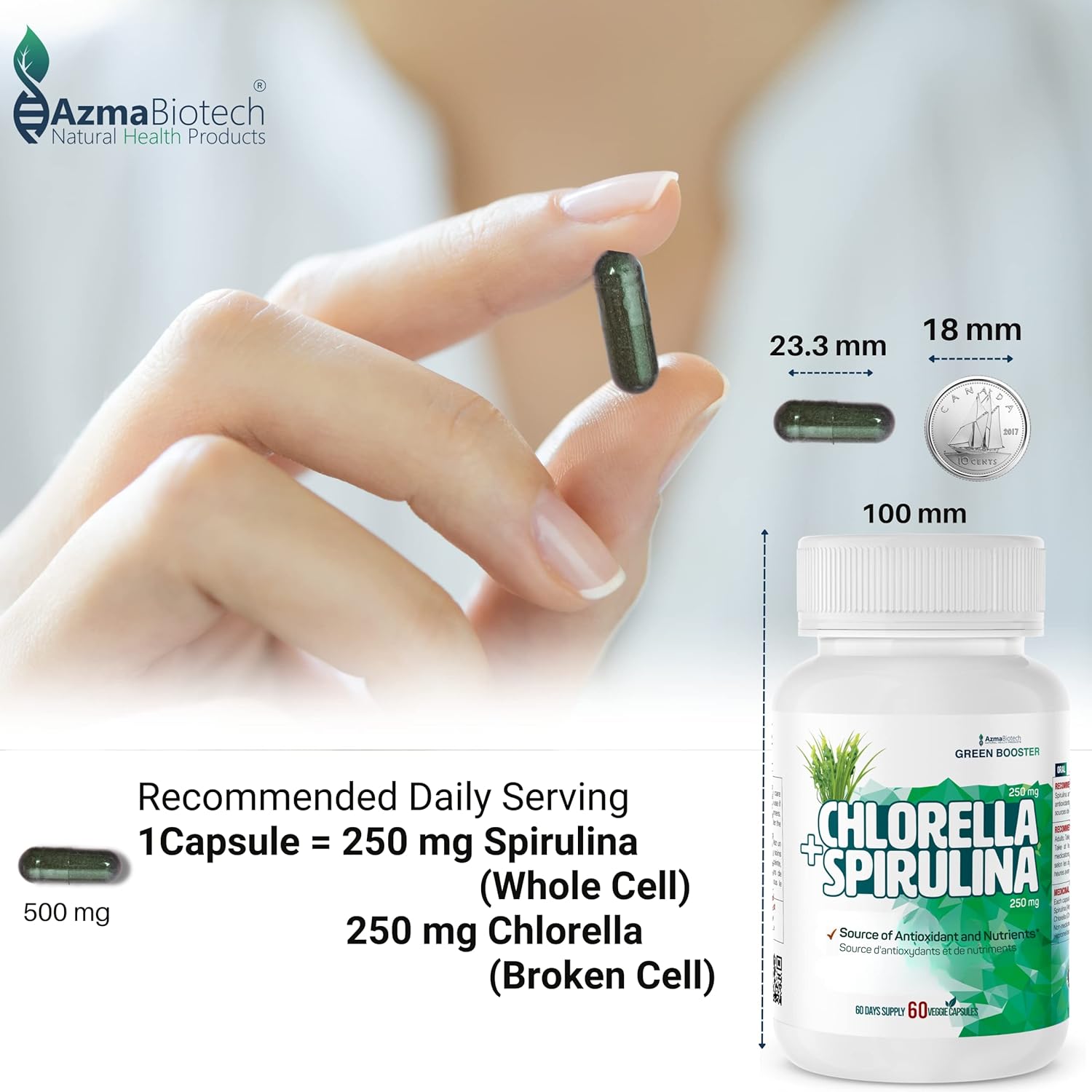 Organic Spirulina and Chlorella Capsules 500mg, 60 Count, 50/50 Blend, Vegan and Gluten-Free, High in Protein and Nutrients, Supports Energy and Immune Function, Made in Canada