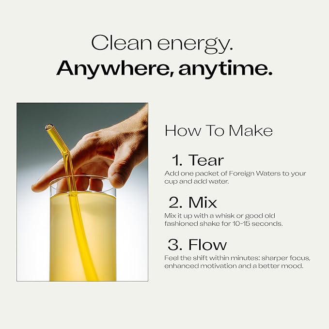 Foreign Waters Energy Drink, Lemonade Electrolyte Drink Mix, Zero Caffeine, 28 Sachets