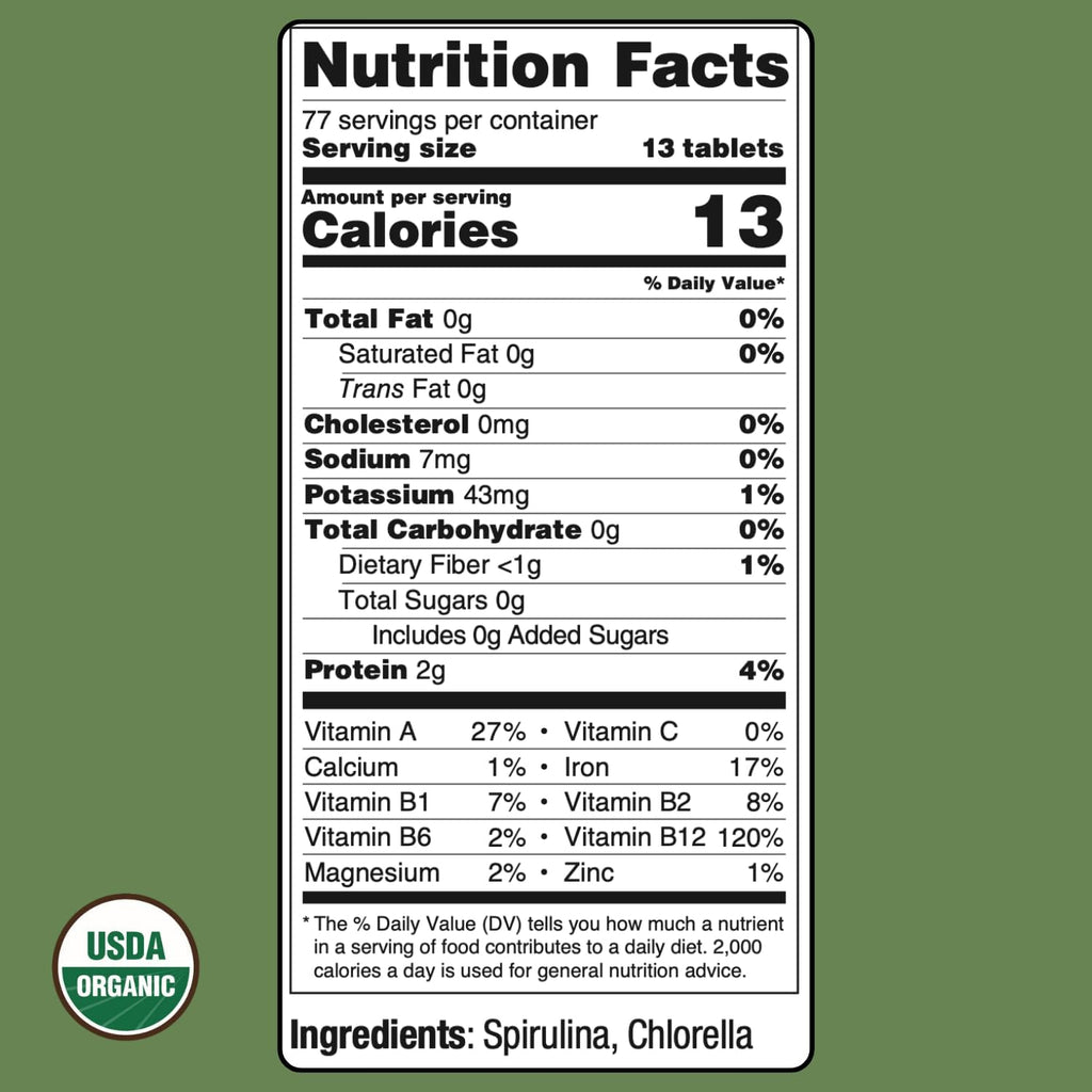 On Target Living Organic Spirulina Chlorella | Supergreens | USDA Organic | 1000 Tablets- 250 G (8.8 oz) | Vegan | Immune Support | Alkalyzing | Nutrient Dense | Protein Dense