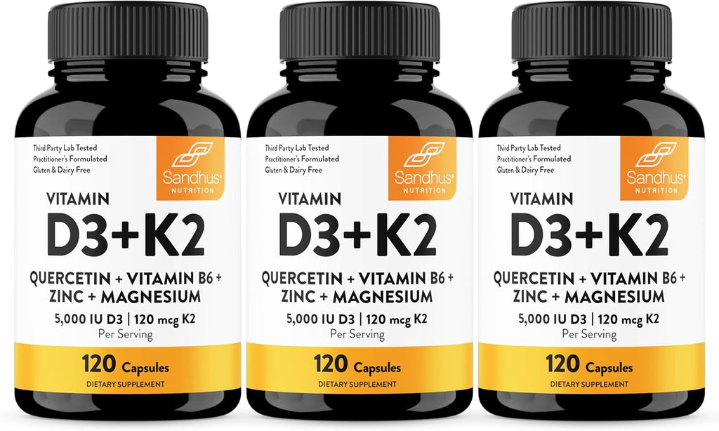 Sandhu's Vitamin D3 K2 Magnesium 5000 IU, 120mcg K2 Capsules 120 Count (Pack of 3) | with VIT B6, Zinc & Quercetin | D3K2 Supports Superior Absorption, Energy, Immune, Muscle Health for Men & Women
