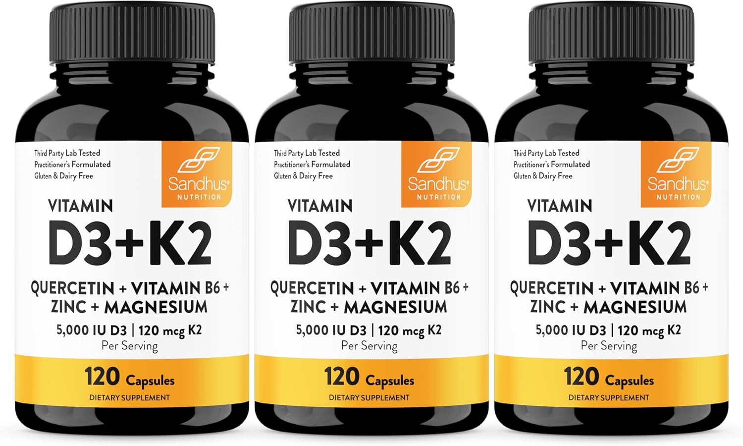 Sandhu's Vitamin D3 K2 Magnesium 5000 IU, 120mcg K2 Capsules 120 Count (Pack of 3) | with VIT B6, Zinc & Quercetin | D3K2 Supports Superior Absorption, Energy, Immune, Muscle Health for Men & Women