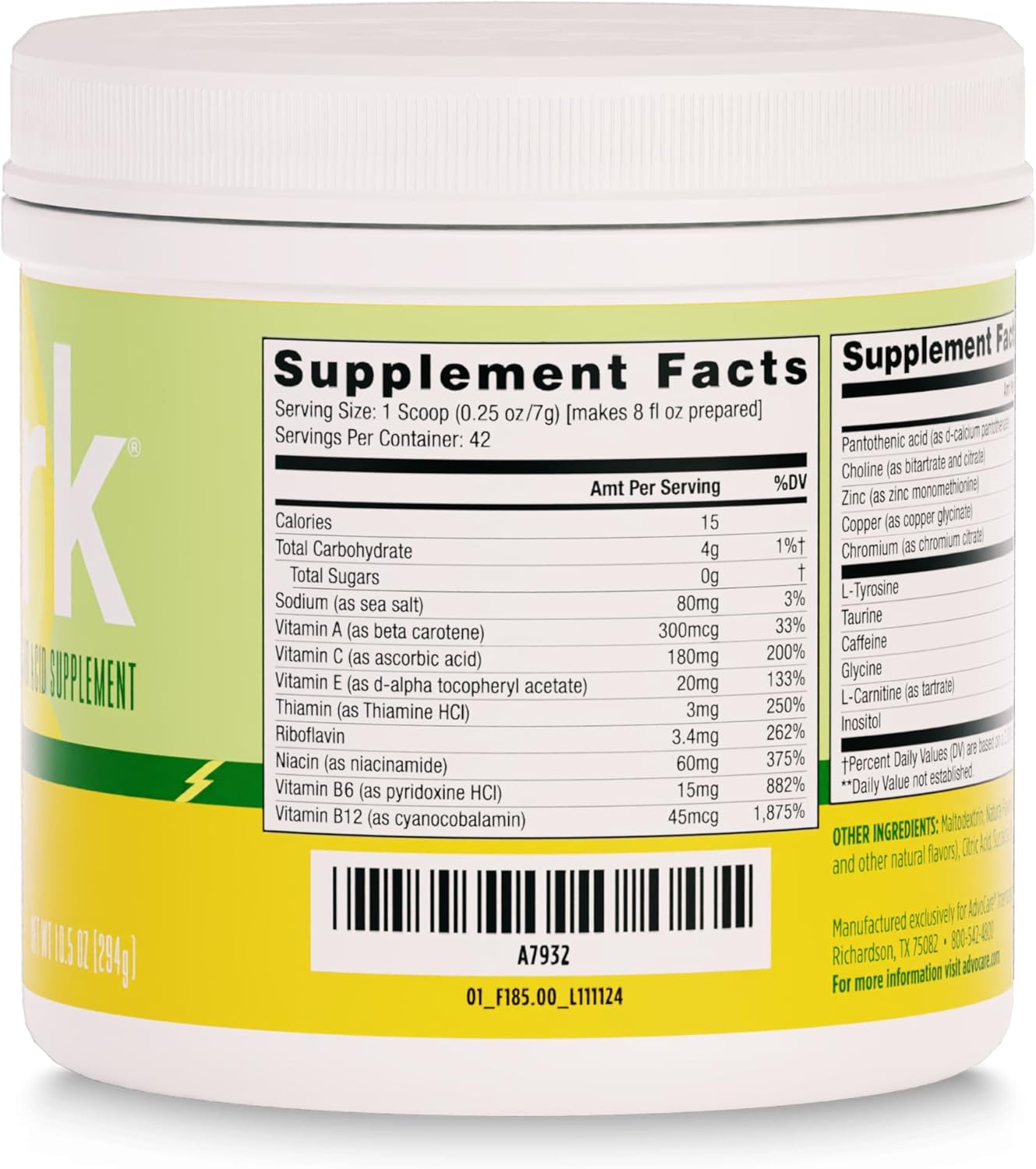 AdvoCare Spark Vitamin & Amino Acid Supplement - Focus & Energy Drink Powder Mix with Vitamin A, B-6, C & E - Also Includes L-Carnitine & L-Tyrosine - Pineapple Whip - 10.5 oz