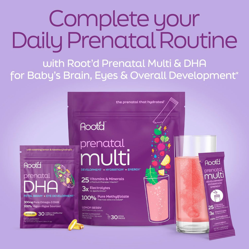 Root'd Prenatal DHA - 300mg Pure Vegan Omega-3 DHA from Algal Oil, Plant-Based Prenatal Supplement for Pregnancy, Fetal Brain & Eye Development, Non-GMO, Lemon & Rosemary Flavor, 30 Softgels