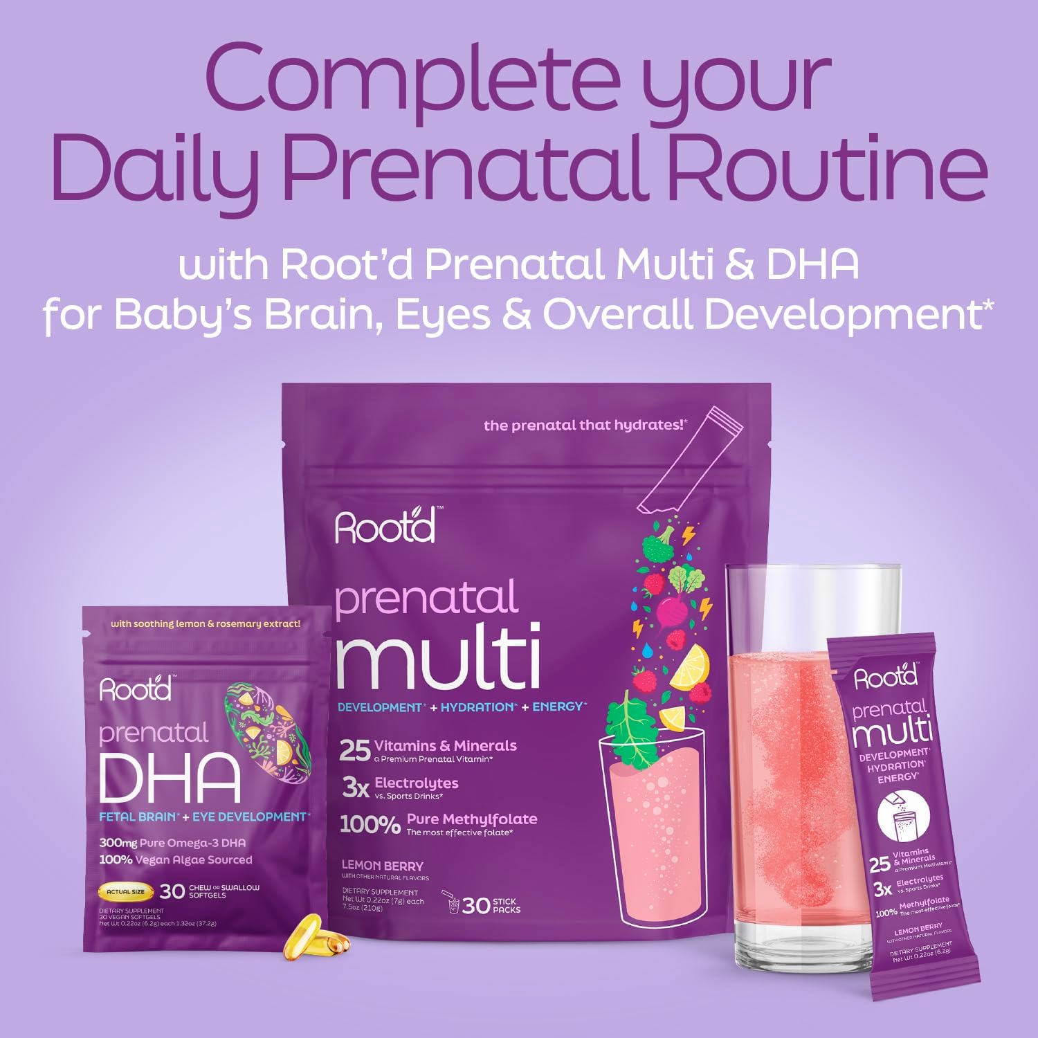 Root'd Prenatal DHA - 300mg Pure Vegan Omega-3 DHA from Algal Oil, Plant-Based Prenatal Supplement for Pregnancy, Fetal Brain & Eye Development, Non-GMO, Lemon & Rosemary Flavor, 30 Softgels