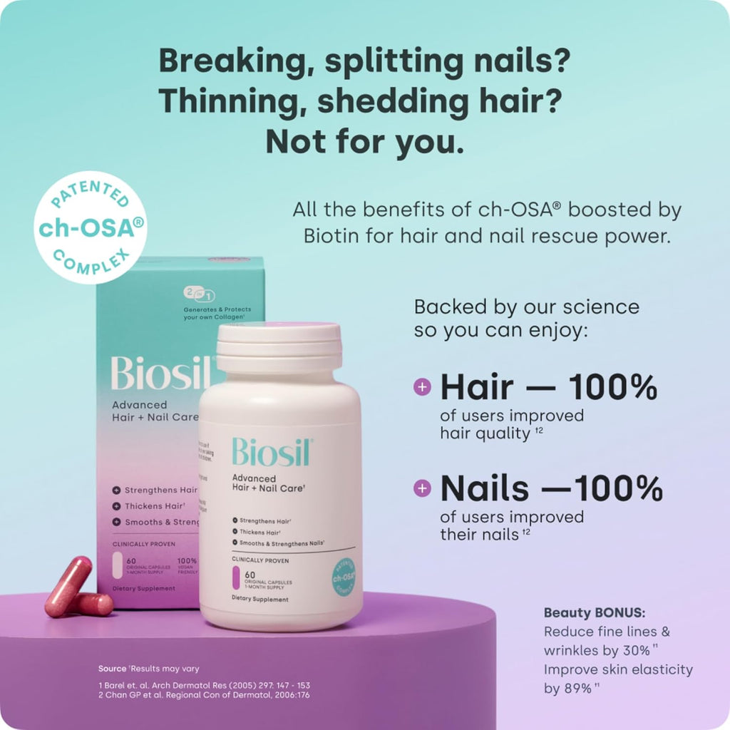 Biosil Advanced Hair + Nail Care - Growth Vitamins for Women - Strengthen & Thicken Strands - 30 Capsules - Patented ch-OSA - 15-Day Supply