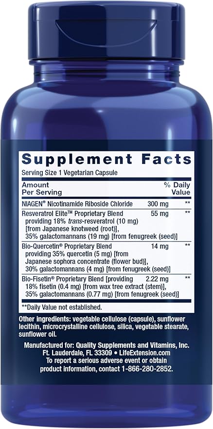Life Extension NAD+ Cell Regenerator™ and Resveratrol Elite™*, nicotinamide riboside, Trans-resveratrol, quercetin, Fisetin, Heart Health, Healthy Aging, Vegetarian, Non-GMO, Gluten Free, 30 Capsules