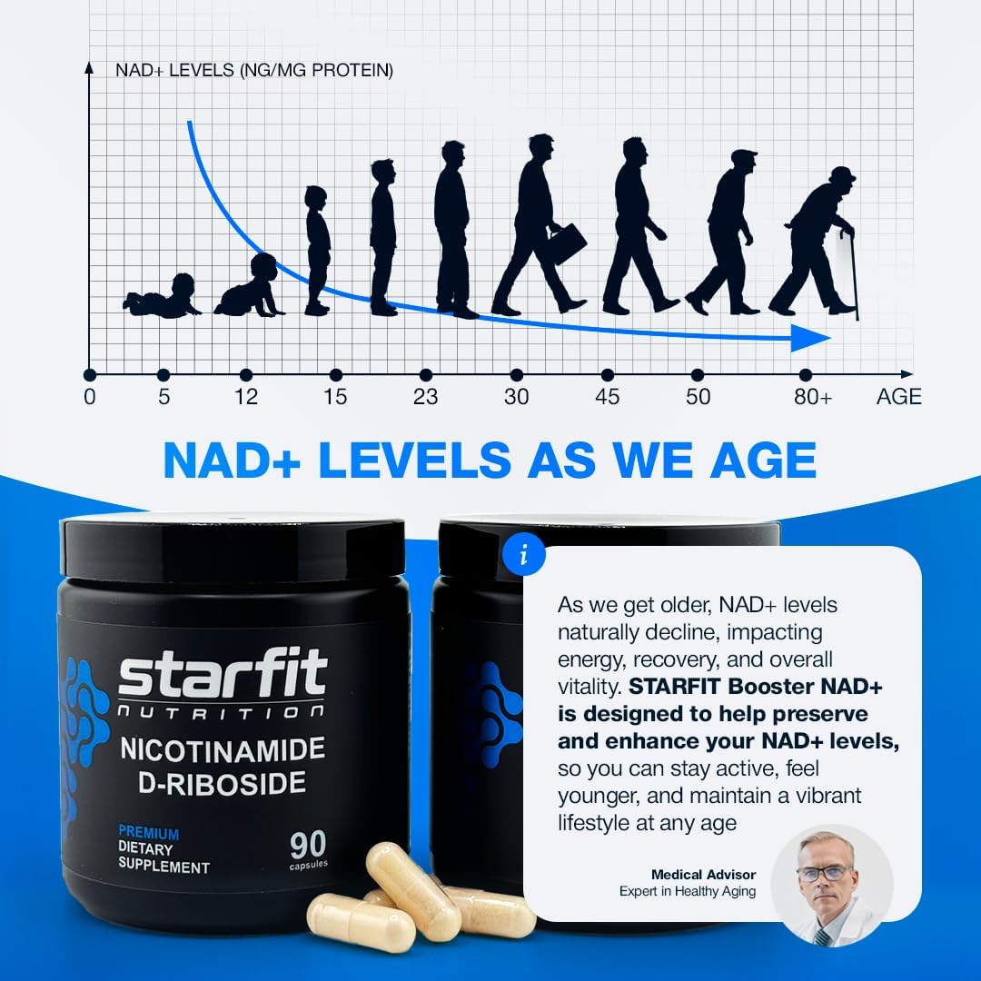 STARFIT - Nicotinamide D-Riboside, Booster NAD+, Energy & Focus Supplement, Anti-Aging Cellular Support, 90 Capsules