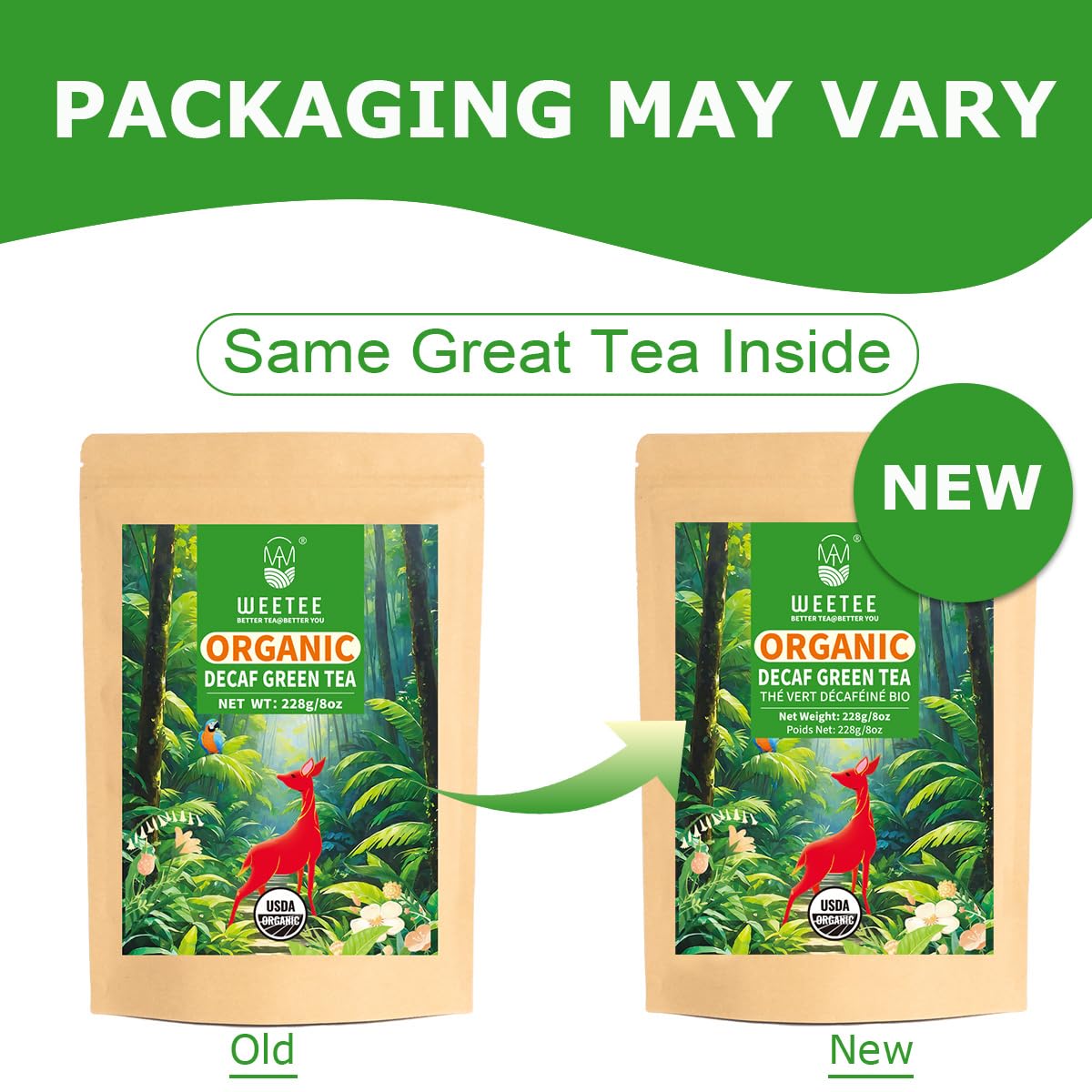 WT WEETEE Organic Decaf Green Tea Loose Leaf, 110+ Cups, Made of CO2-Decaffeinated Green Tea Leaves, Naturally Sweet, Smooth and Refreshing, 228g /8oz