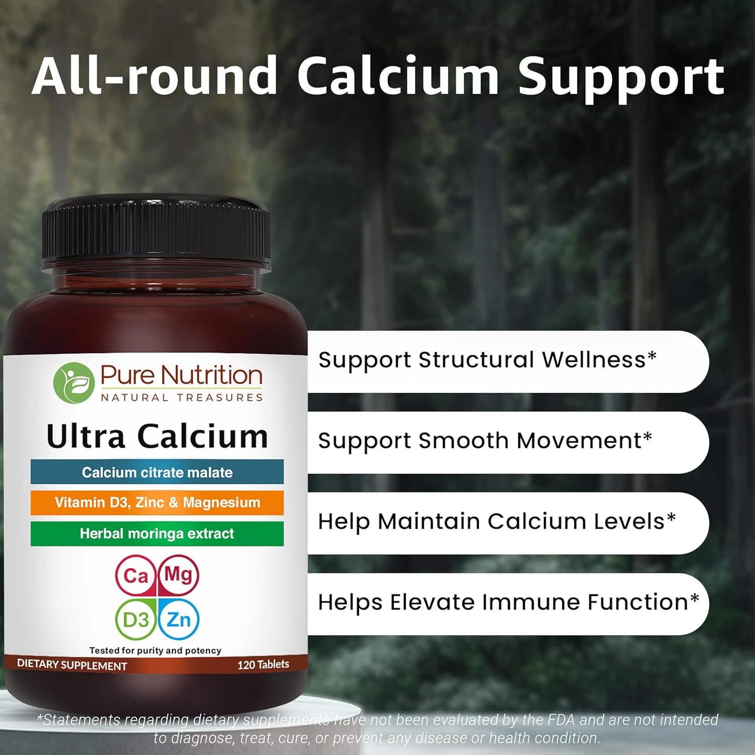 Pure Nutrition Ultra Calcium 1000mg with VIT D3 + K2 | 120 Tab | Highly absorbable Calcium Supplement with Calcium Citrate Malate, VIT D3, K2, Moringa Oleifera, Magnesium and Zinc.