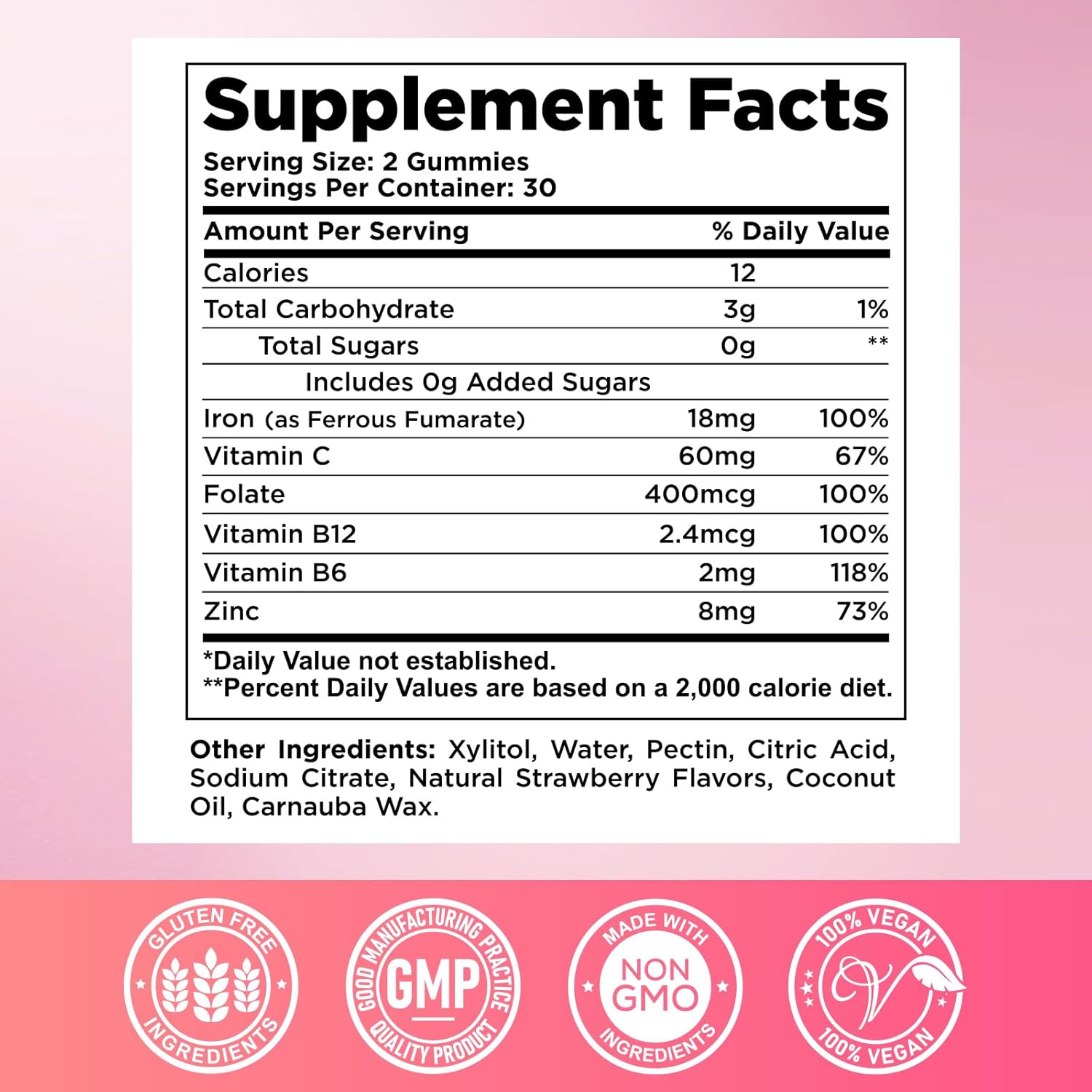 Iron Gummies for Women & Men - Iron Supplement with Vitamin B6, B12, C, Zinc, Folate for Adults & Kids - Support Iron Deficiency, Anemia, Energy Boost, Blood Builder - Sugar Free Vegan 60ct Strawberry