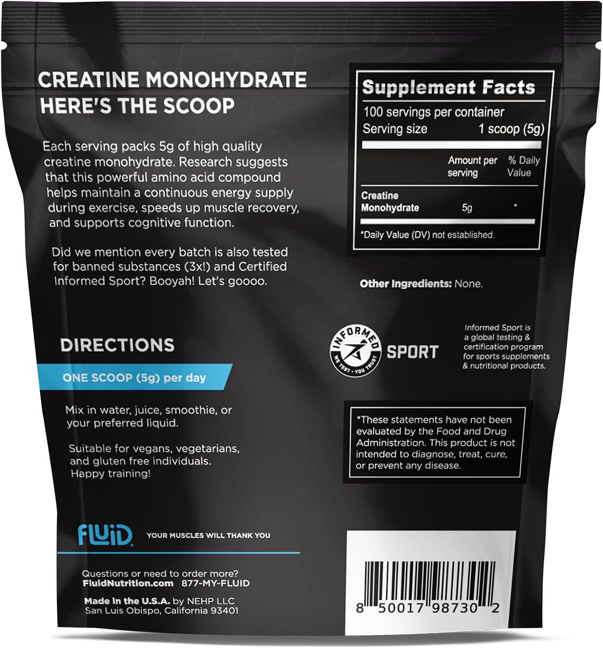Fluid Creatine - Informed Sport Certified | 100% Creatine Monohydrate Powder | Unflavored | 5g per Serving (100 Servings)