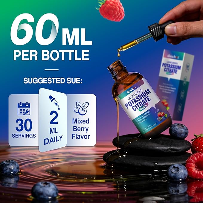 Liquid Potassium Citrate Supplement, Potassium 1000mg Drops for Women & Men, with Zinc Citrate, Vitamin B6, Sodium & Taurine, High Potassium Electrolytes, 2 Fl Oz