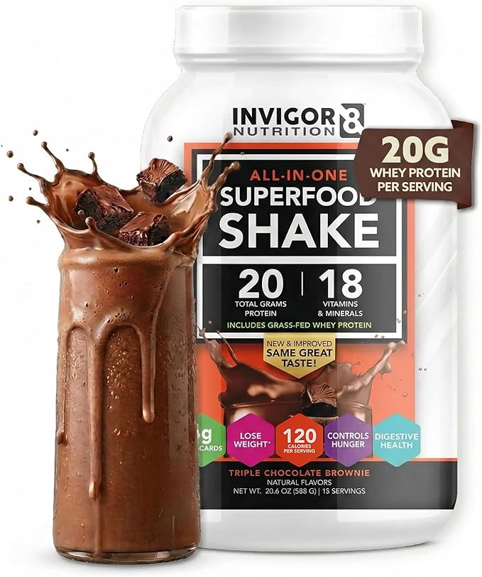 INVIGOR8 Superfood Grass Fed Whey Protein Isolate Shake Chocolate Brownie Gluten-Free and Non GMO Meal Replacement with Probiotics and Omega 3 (645g)