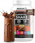 INVIGOR8 Superfood Grass Fed Whey Protein Isolate Shake Chocolate Brownie Gluten-Free and Non GMO Meal Replacement with Probiotics and Omega 3 (645g)
