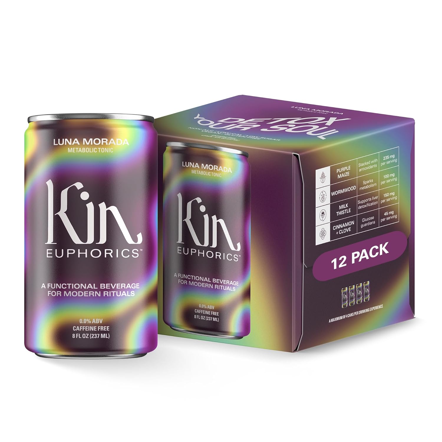 Kin Euphorics Luna Morada Non-Alcoholic Functional Beverage | Metabolic Tonic for Digestive & Liver Support | Caffeine-Free & Functional Beverage | 8 Fl Oz (12pk)