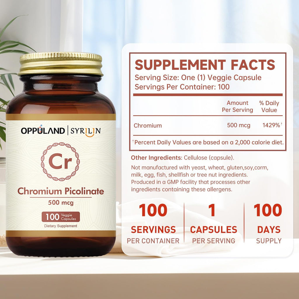 Chromium Picolinate 500 mcg,Chromium Supplements,Non-GMO, Gluten Free,100 Veg Capsules