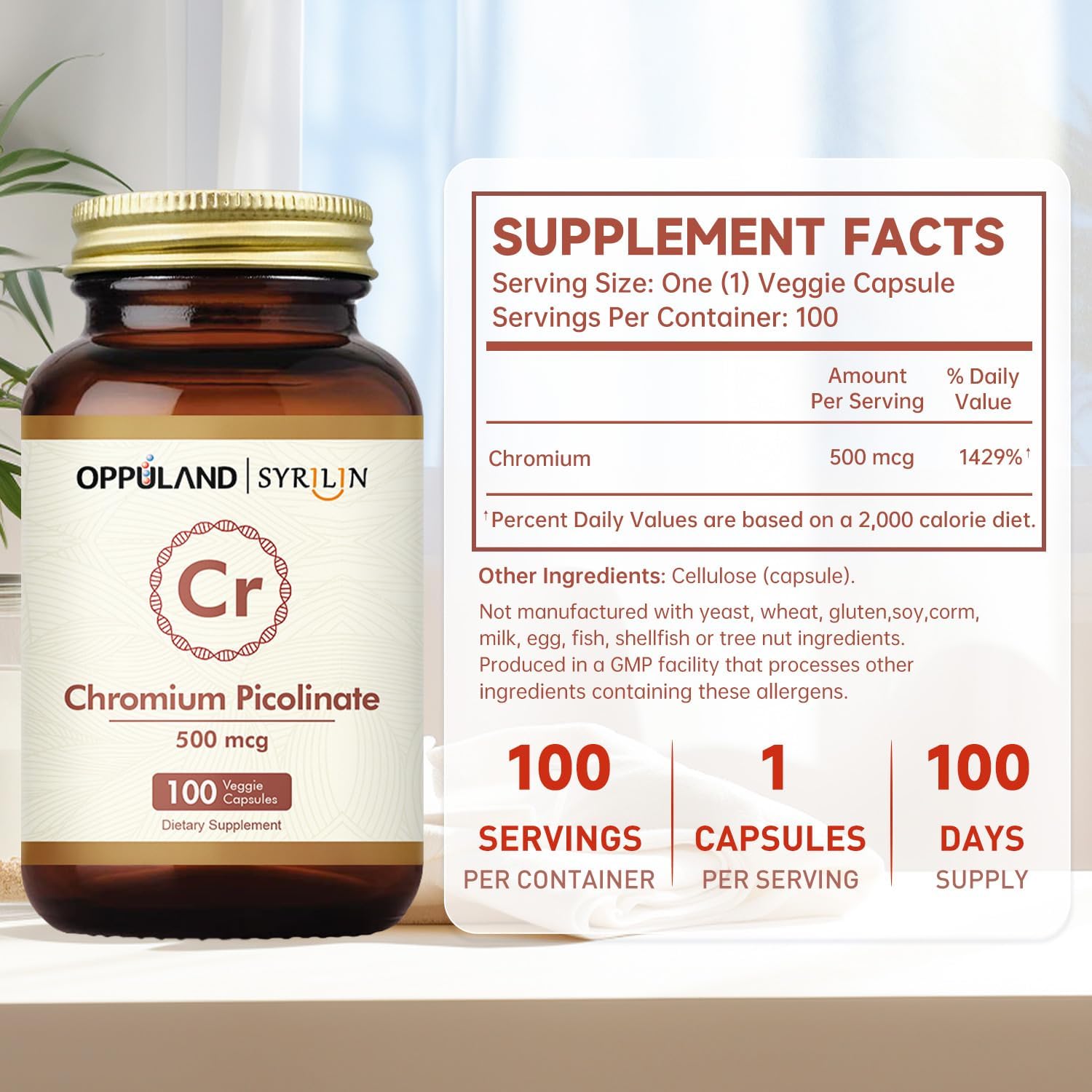 Chromium Picolinate 500 mcg,Chromium Supplements,Non-GMO, Gluten Free,100 Veg Capsules