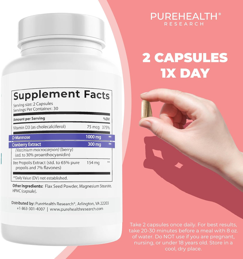 PUREHEALTH RESEARCH UT FIX Urinary Health Supplement - with Vitamin D, D-Mannose, Cranberry Fruit Extract & Bee Propolis - for Women & Men, 60 Capsules