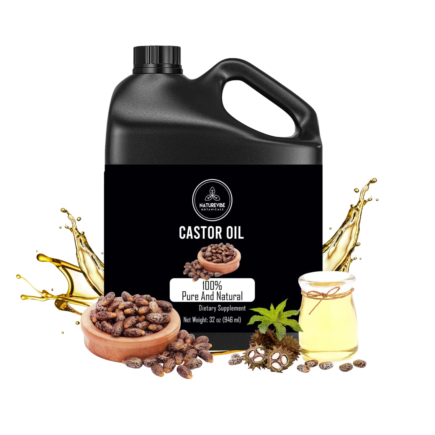 Naturevibe Botanicals Castor Oil 32 Ounces | 100% Pure and Natural | Great for Skin Care and Hair Care | Hexane Free Unrefined Oil for Enhanced Eyebrows and Eyelashes 32 Fl Oz | 946ml