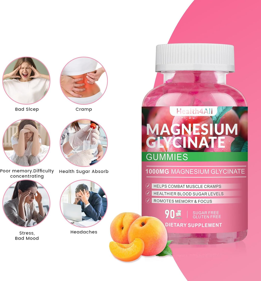 Magnesium Glycinate Gummies 1000mg, High Absorption Sugar Free Magnesium Potassium Supplement for Relaxation, Stress Relief, and Sleep Support for Adults & Kids - 180 Peach Gummies