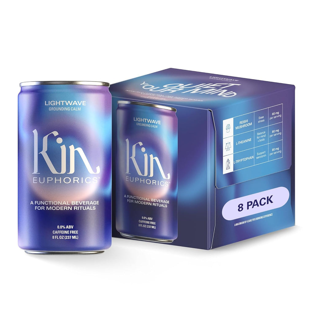 Kin Euphorics Lightwave Non-Alcoholic Functional Beverage | Calm the Mind & Mellow the Mood | Adaptogens, Nootropics, Reishi Mushroom & L-Theanine | 8 Fl Oz (8pk)