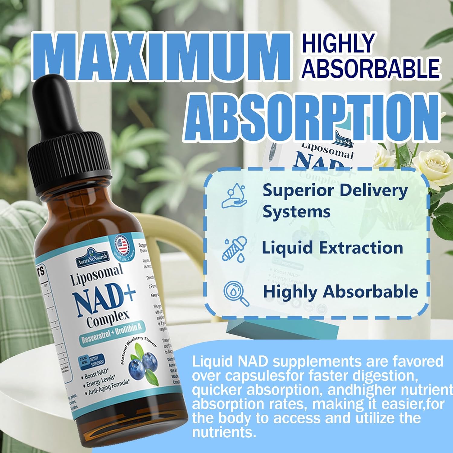 Liposomal NAD+ Liquid Drops, 8-in-1 NAD⁺ Nicotinamide Riboside Resveratrol 900mg w. Quercetin & Urolithin A | Fast Absorption NAD+ Supplement with CoQ10, ALA| Cellular Energy, Anti-Aging, Vitality