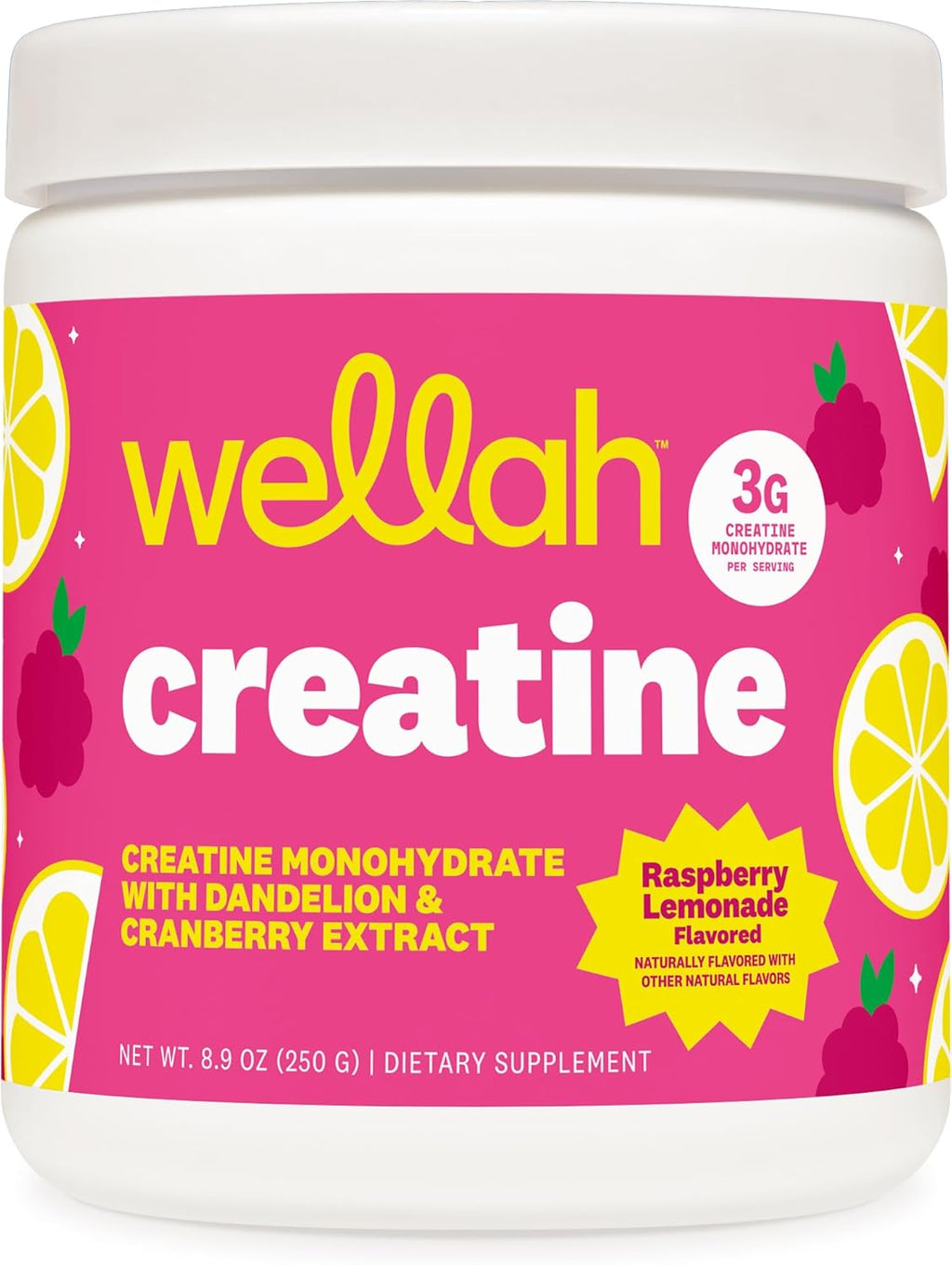 Wellah Creatine for Women (50 Servings) Raspberry Lemonade - 3g of Creatine Monohydrate Powder with Dandelion & Cranberry Extract