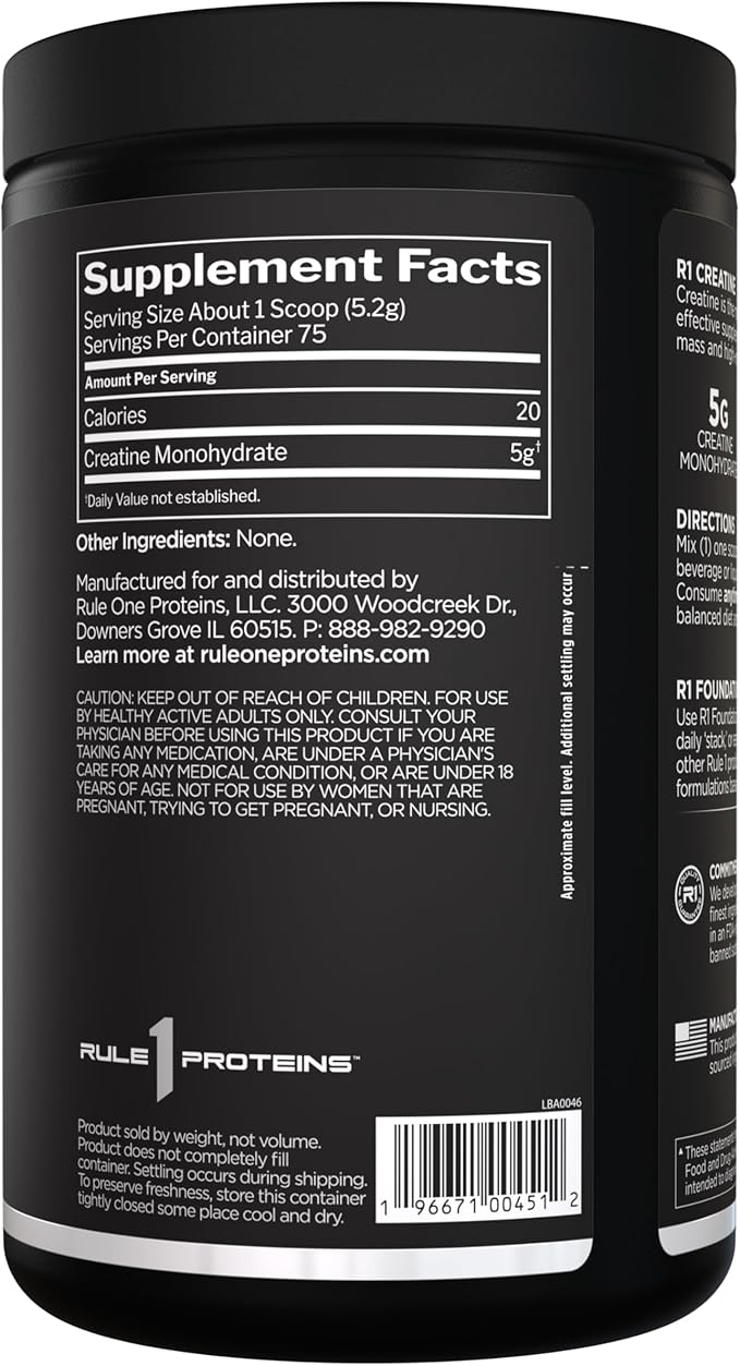 Rule 1 Creatine Powder – Pure Micronized Creatine Monohydrate for High-Intensity Exercise and Lean Body Mass Support, Flavored and Unflavored (75 Servings, Unflavored)