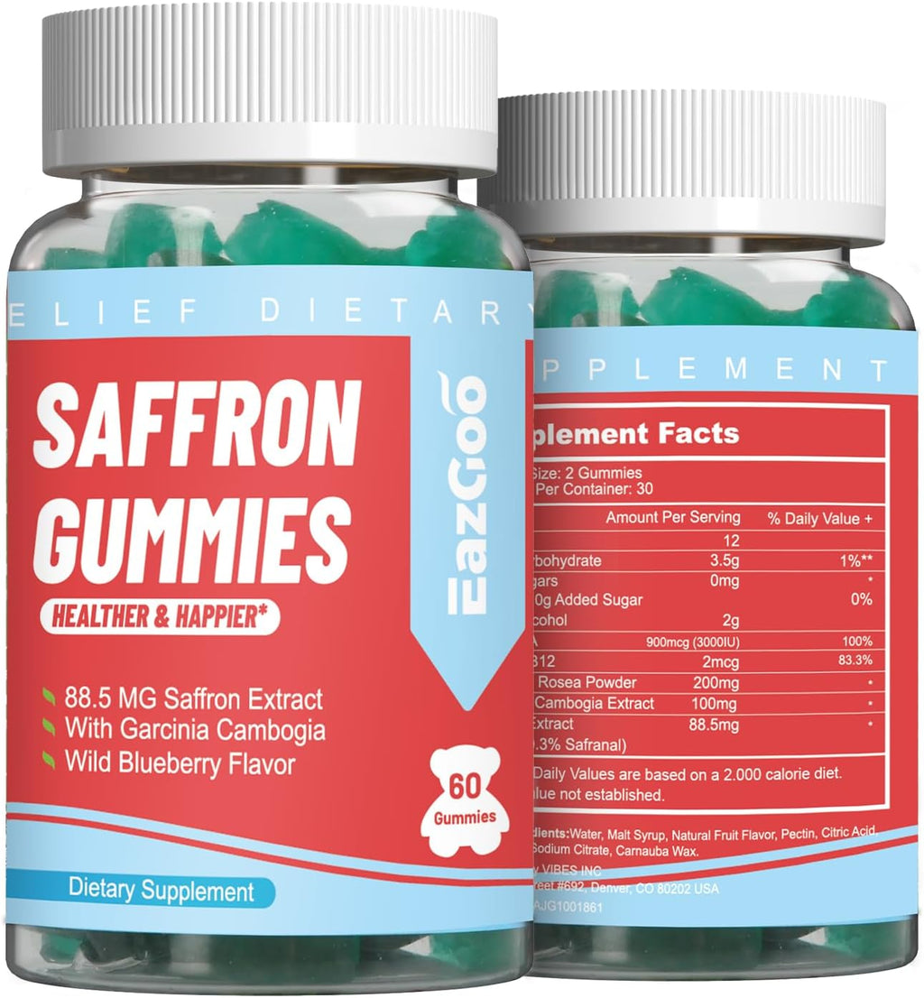 Saffron Supplements Gummies, Saffron Extract for Positive Mood & Calm Nerve, Boost Energy, with Garcinia Cambogia, Vitamin A, B12, Rhodiola Rosea - 120 Gummies