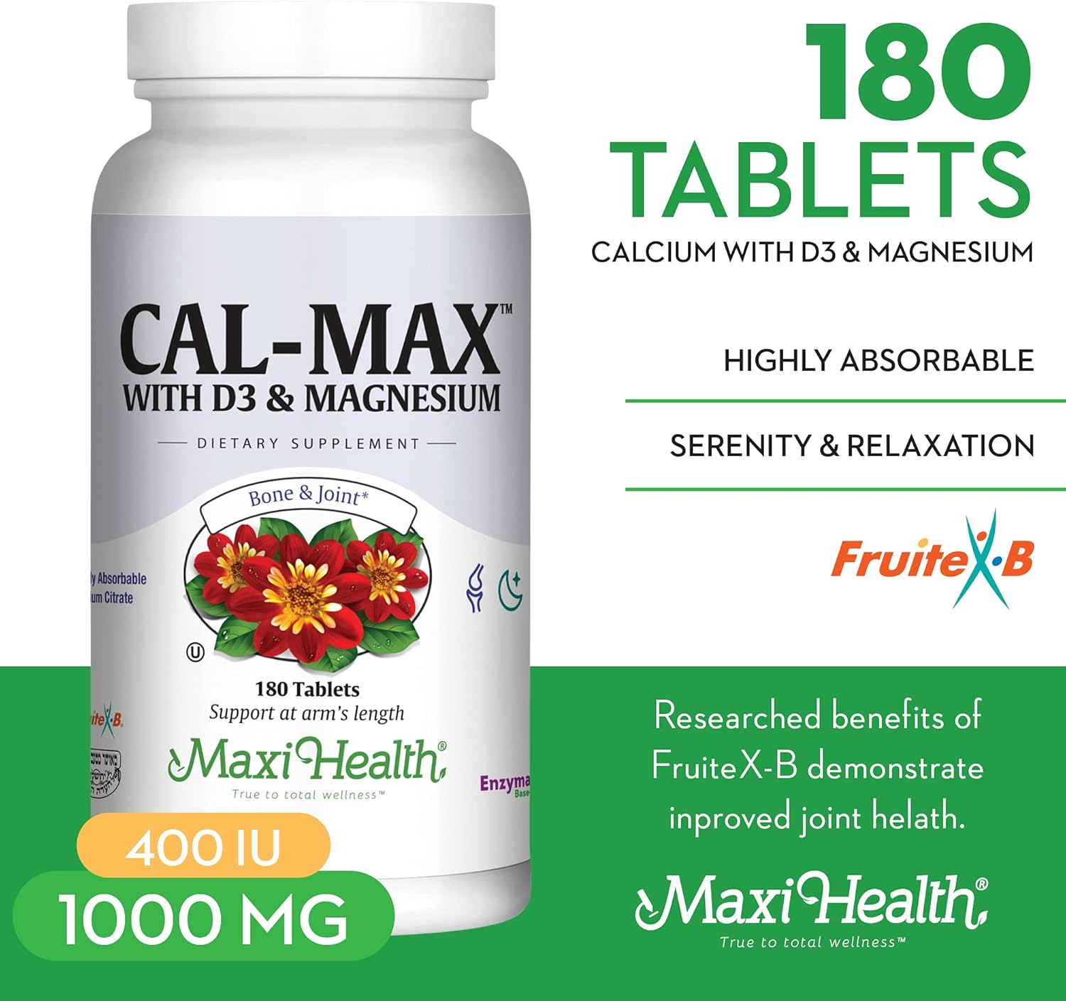 Maxi Health Calcium Magnesium Supplement with Vitamin D3 and Boron - Kosher Bone Health & Nighttime Formula, Calcium Citrate CalMag & Vitamin D (180 Tablets)