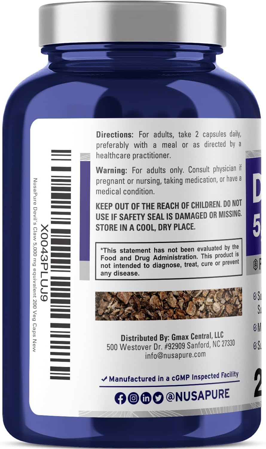 NusaPure Devil's Claw 20:1 Extract, 250 mg Equivalent to 5000mg, 200 Veggie Capsules, Concentrated Root Extract, Devils Claw Herbal Supplement, Non-GMO, Vegan Supplement