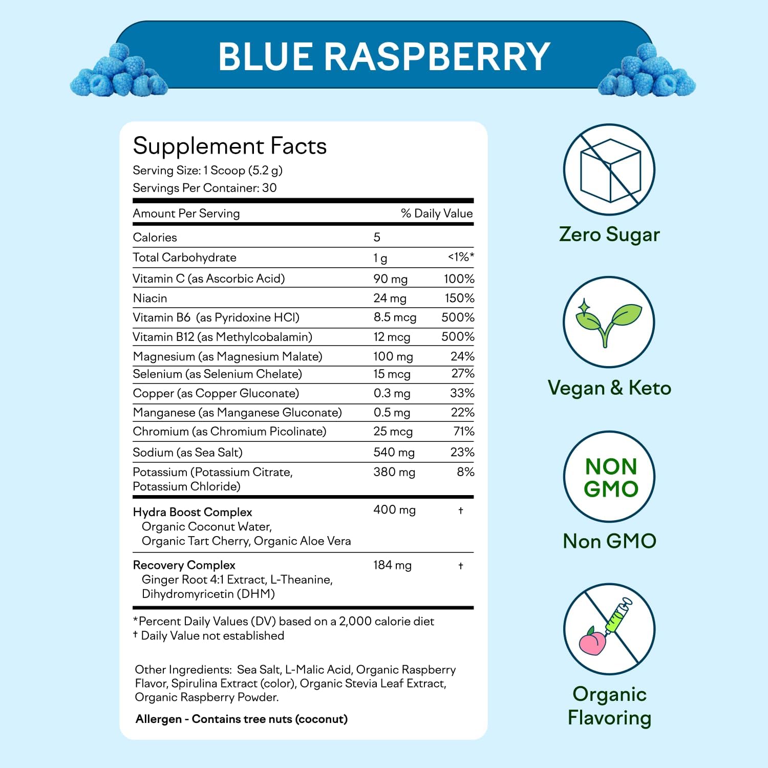 Feel Goods Hydration Hero, 1,000mg Electrolytes Powder, Sugar Free, Magnesium, Organic Aloe Vera, L Theanine, Vitamin C, B12, Keto, Vegan, Plant Based, Blue Raspberry, 30 Servings