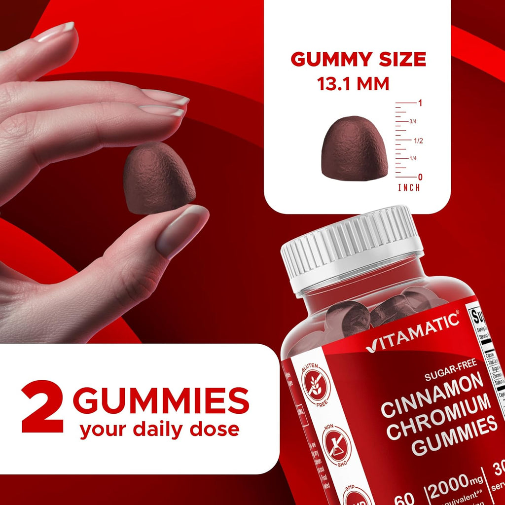 Vitamatic Sugar-Free Chromium Gummies with Ceylon Cinnamon – 2000 mg Equivalent Per Serving (from Extract 83 mg) – Non-GMO, Gluten-Free – 60 Vegan Gummies – 2 Pack