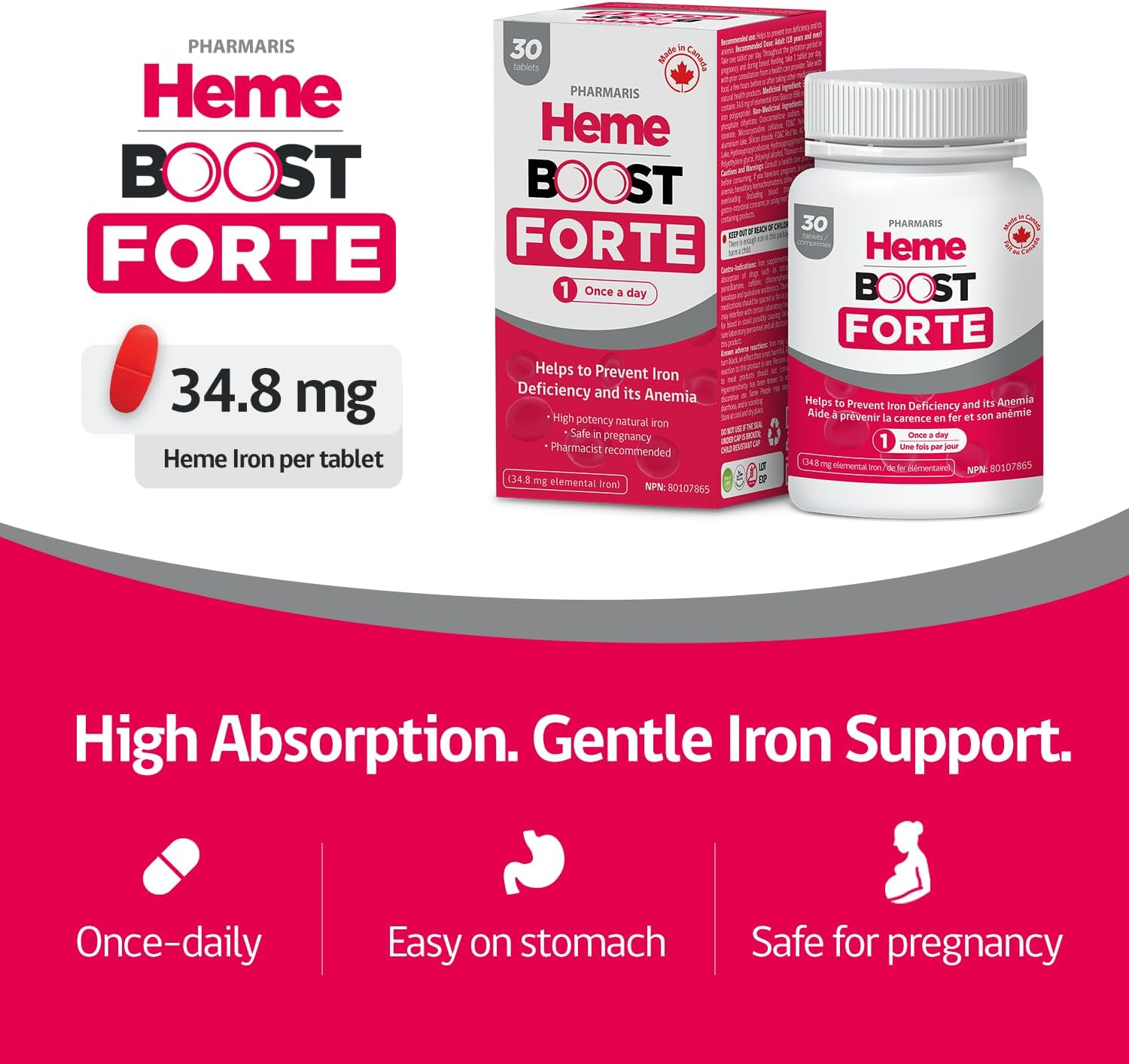 Hemeboost Forte 34.8 mg (696 mg Heme Iron) I 30 Tablets I High Potency Natural Iron Supplement I High Absorption & Gentle on Stomach I Iron Pills for Adults & Safe for Use in Pregnancy