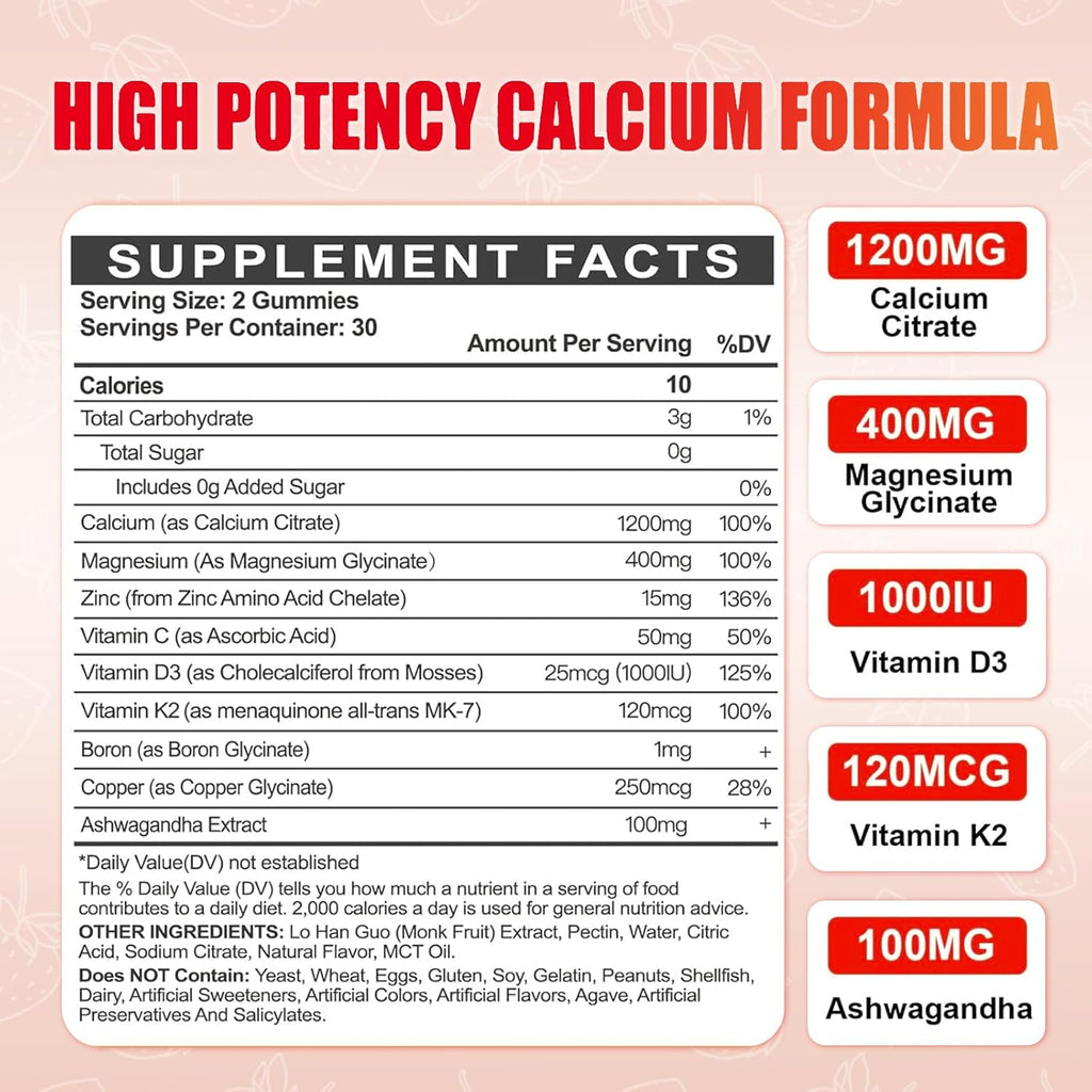 Calcium Magnesium Zinc Gummies with Vitamin D3 for Adults, Calcium Citrate 1200mg with K2, Boron, Copper and Ashwagandha, Absorption Calcium Supplement for Bone, Muscle, Immune for Men Women, 120Count