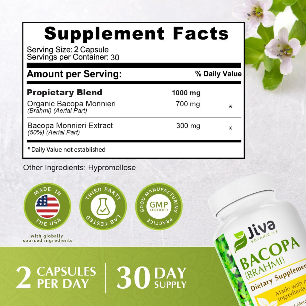 Jiva Botanicals Bacopa Monnieri Supplement Pure 1000mg per Serving - High Potency Bacopa Monnieri (Brahmi) & Extract for Normal Brain, Focus, & Memory Support - Ayurvedic Herbs - 60 Capsules