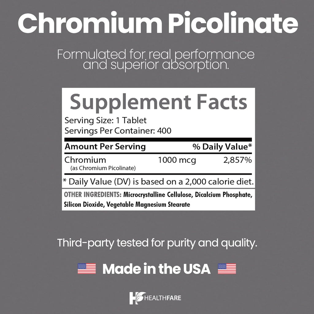 Chromium Picolinate 1000mcg | 400 Tablets | Gluten-Free | Non-GMO | Made in USA