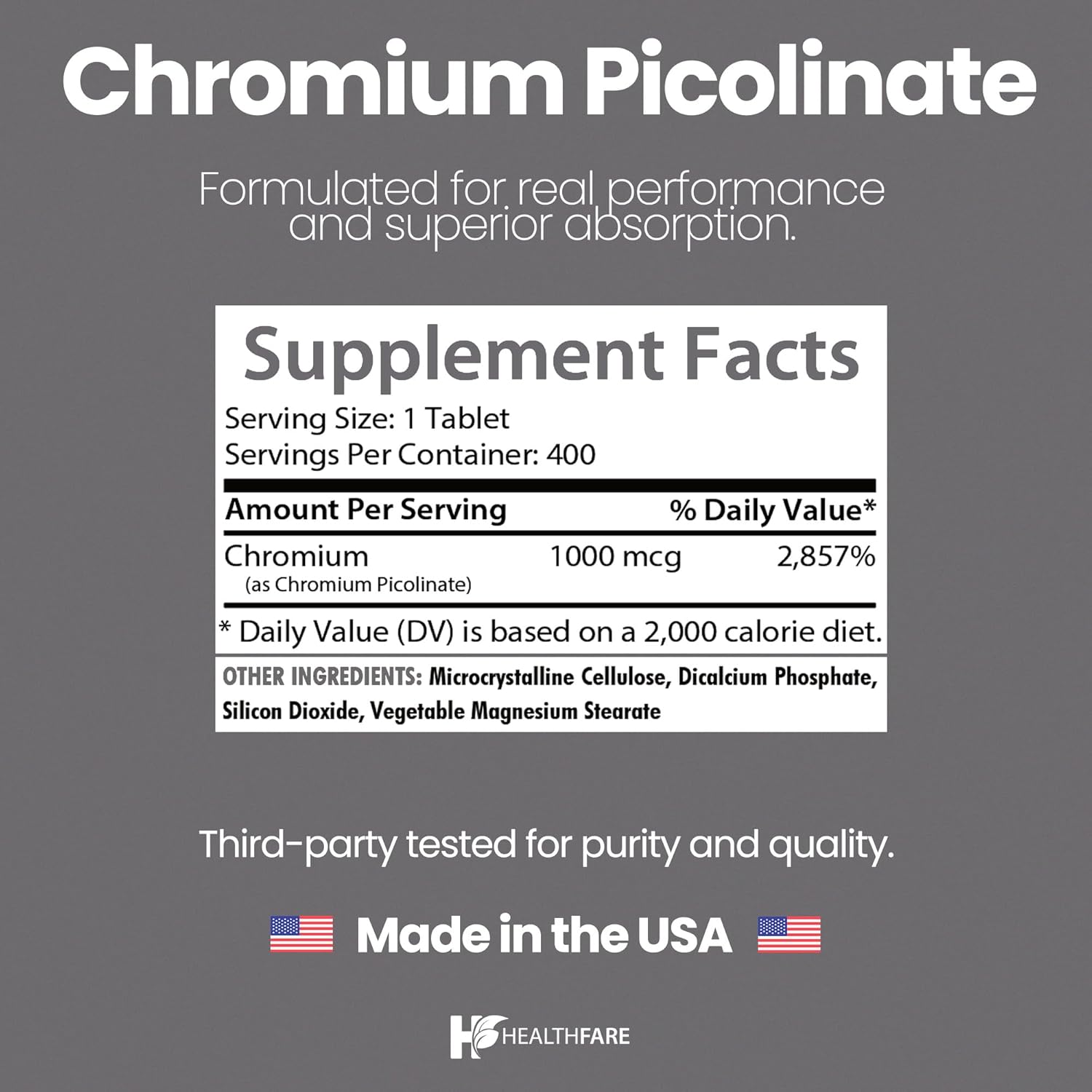 Chromium Picolinate 1000mcg | 400 Tablets | Gluten-Free | Non-GMO | Made in USA