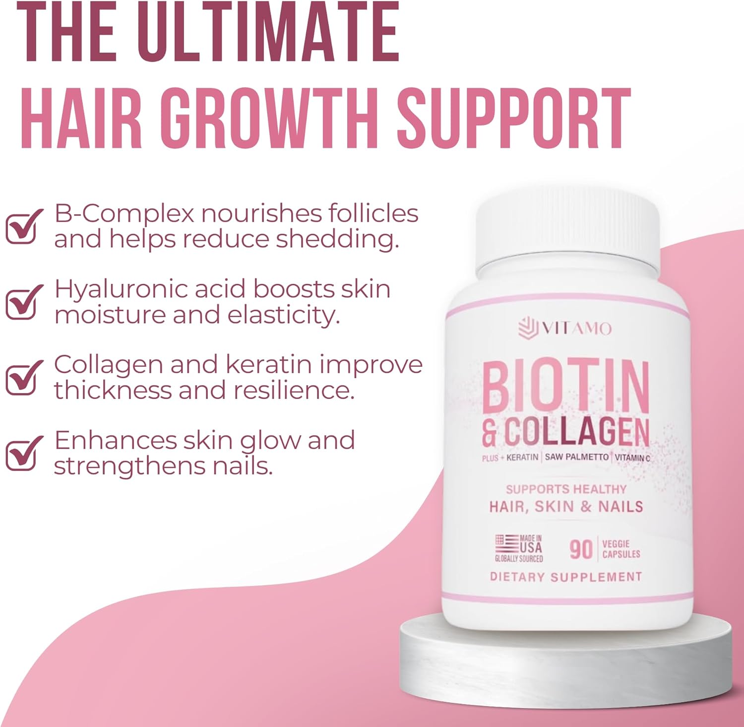 Vitamo Hair Growth Vitamins for Women | Hyaluronic Acid & 50,000 mcg B-Complex (B1, B2, B3, B6, B7) | Biotin and Collagen | Keratin – Advanced Supplement for Hair, Skin & Nails | 90 Capsules