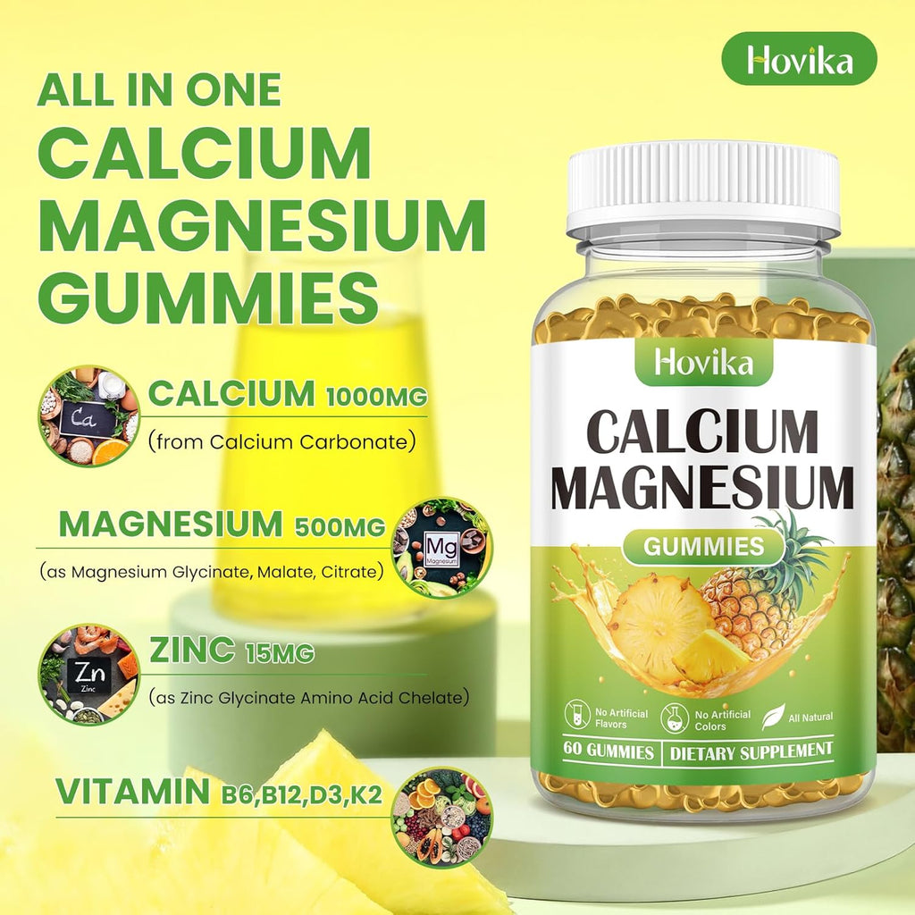 Calcium Magnesium Zinc Gummies, Calcium Magnesium 2:1 Ratio with Vitamin D3, K2, B6, B12 for Bone Strength, Muscle Function & Nerve Health, Extra Absorption Formula, Vegan, Pineapple Flavor 60 Gummies